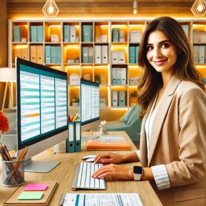 A professional female medical biller sits at a well-organized desk in a modern, inviting medical office. She smiles confidently while working on multiple bright monitors displaying patient records, coding charts, and insurance data. The office features warm tones with vibrant pops of color, including bright decor and colorful office supplies, creating a welcoming yet professional atmosphere.