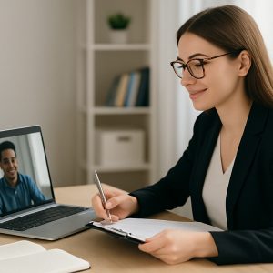 A young female Human Resource Specialist participates in a remote onboarding session, reviewing documents at her desk while engaging in a video call with a new employee, set in a modern home office.