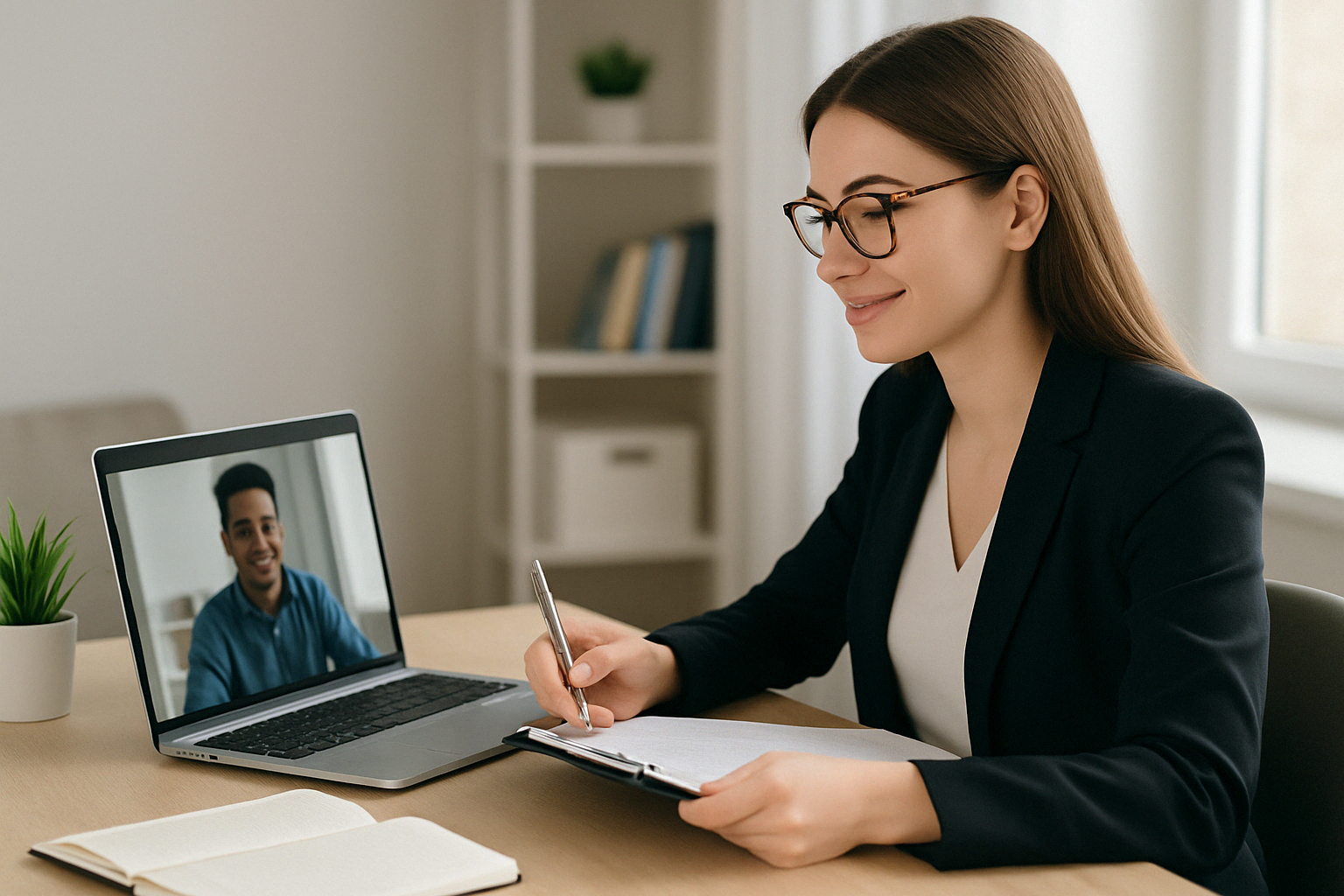 A young female Human Resource Specialist participates in a remote onboarding session, reviewing documents at her desk while engaging in a video call with a new employee, set in a modern home office.