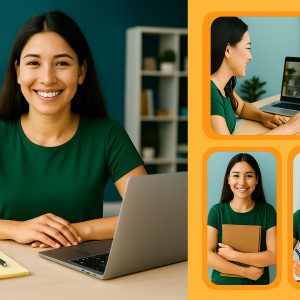 A young woman smiles at her desk in a bright home office. To the right, a collage of images shows moments from her day as a Human Resource Specialist—video calls, checklists, and onboarding tasks.