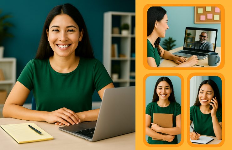 A young woman smiles at her desk in a bright home office. To the right, a collage of images shows moments from her day as a Human Resource Specialist—video calls, checklists, and onboarding tasks.
