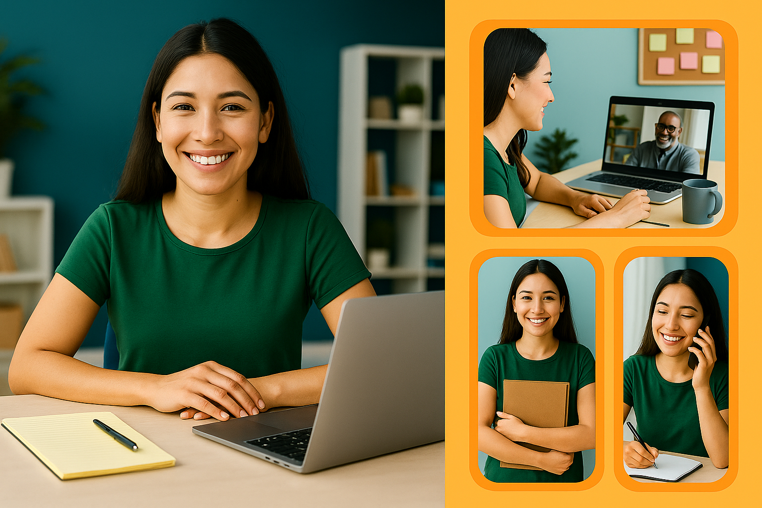 A young woman smiles at her desk in a bright home office. To the right, a collage of images shows moments from her day as a Human Resource Specialist—video calls, checklists, and onboarding tasks.
