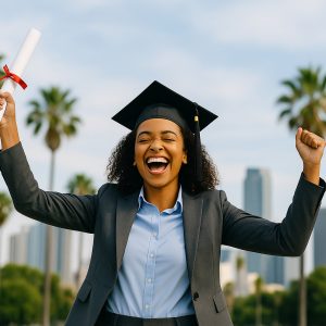 A young African American woman celebrates graduation smiling with her arms raised.