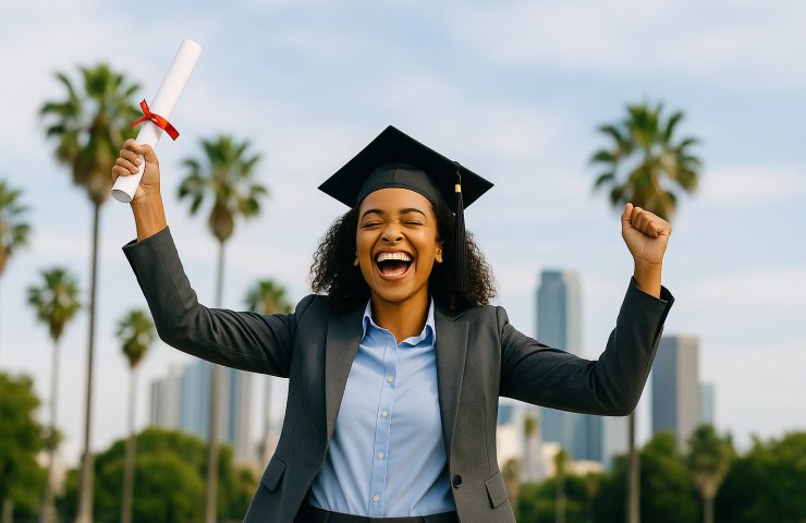 A young African American woman celebrates graduation smiling with her arms raised.