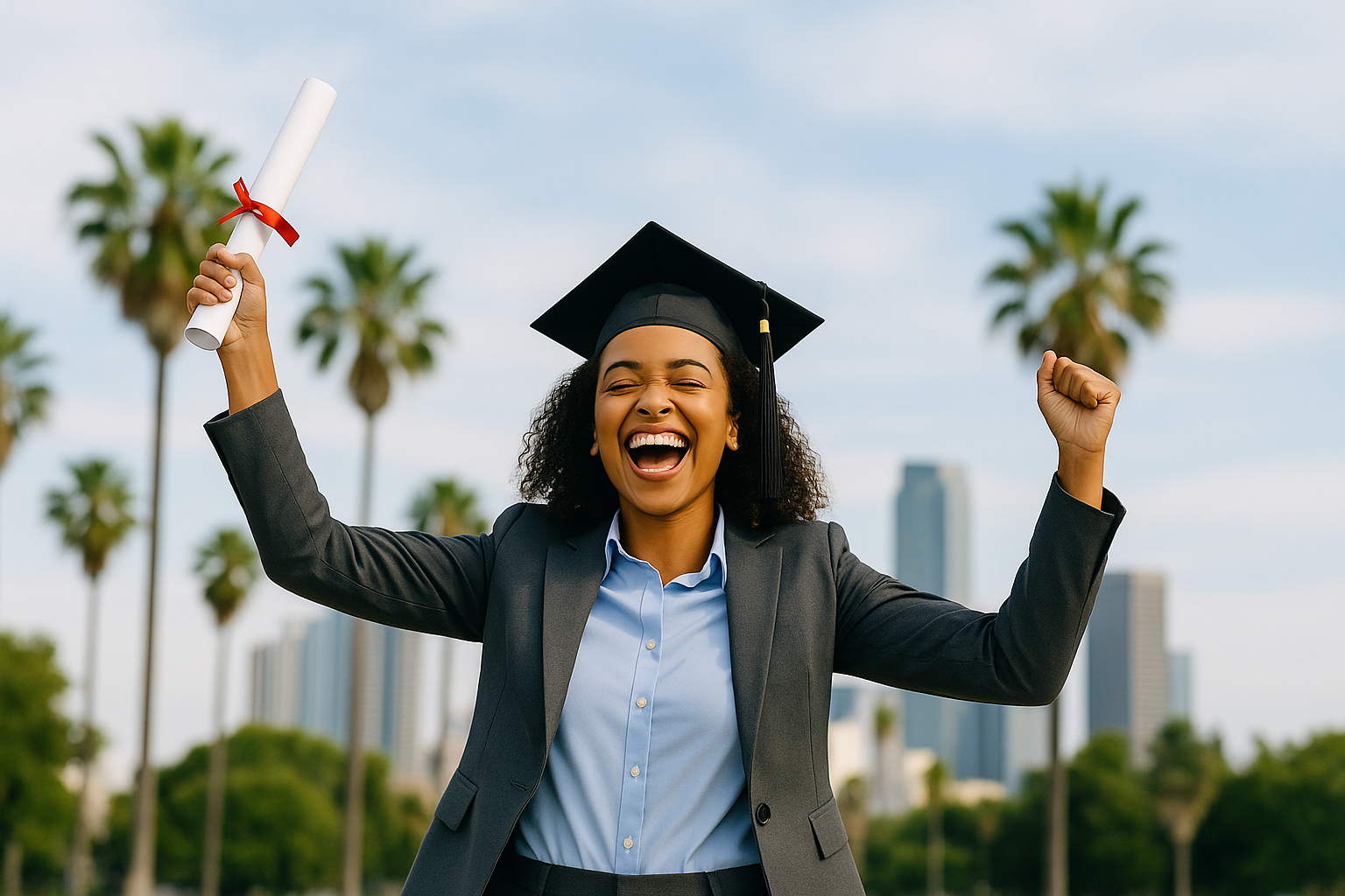 A young African American woman celebrates graduation smiling with her arms raised.