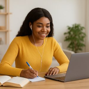 A young African American woman in a mustard sweater smiles while participating in an online class at home, seated at a wooden table with a laptop, notebook, and open book, in a bright, cozy living room with a potted plant in the background.