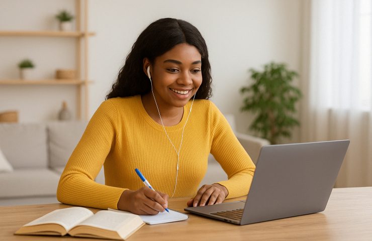 A young African American woman in a mustard sweater smiles while participating in an online class at home, seated at a wooden table with a laptop, notebook, and open book, in a bright, cozy living room with a potted plant in the background.