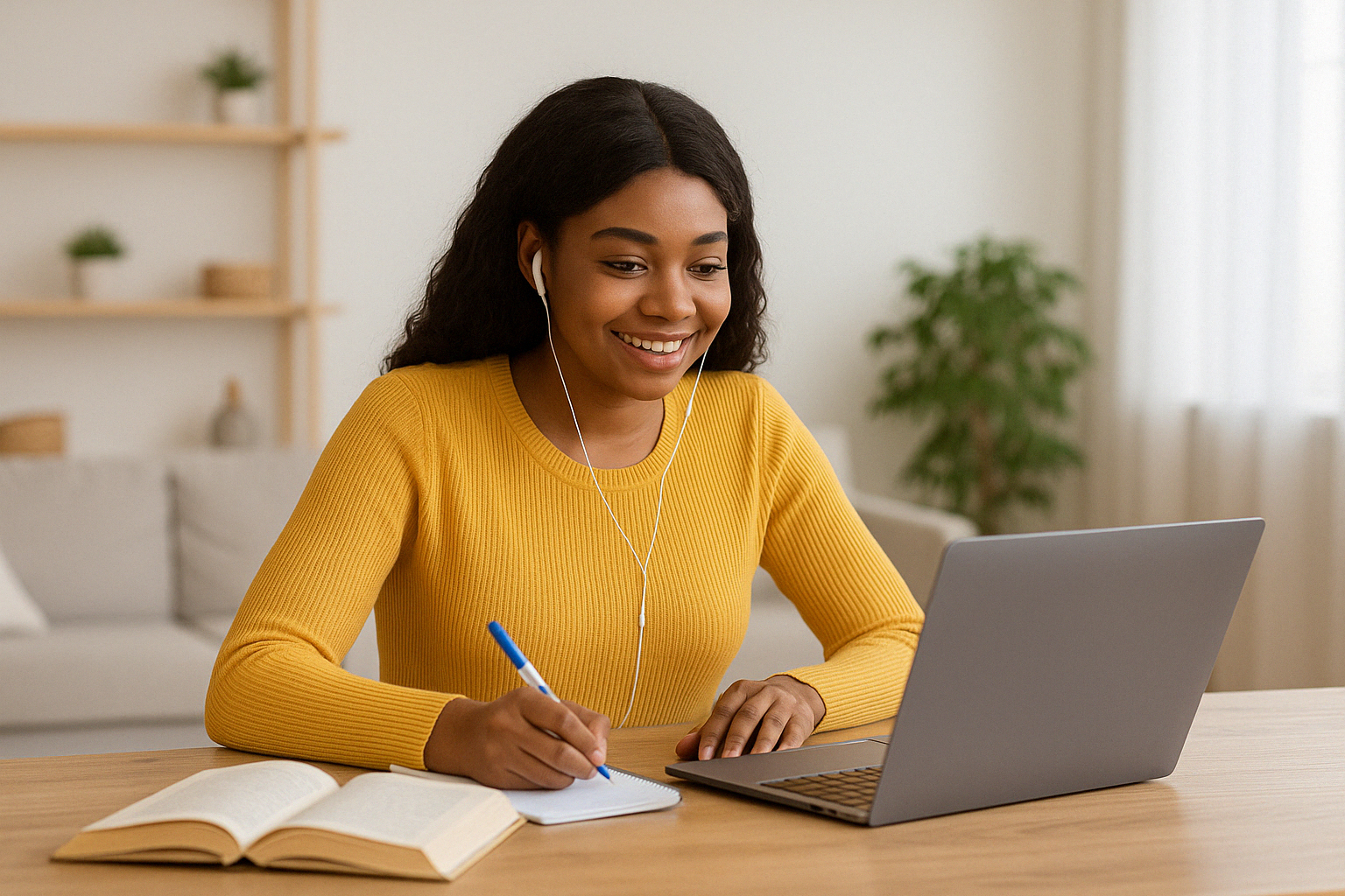 A young African American woman in a mustard sweater smiles while participating in an online class at home, seated at a wooden table with a laptop, notebook, and open book, in a bright, cozy living room with a potted plant in the background.
