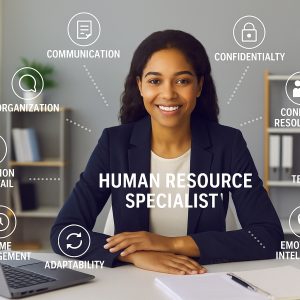 A professional HR Specialist working at her desk in a modern office. Graphic overlay displays icons representing key HR skills such as communication, organization, and emotional intelligence.