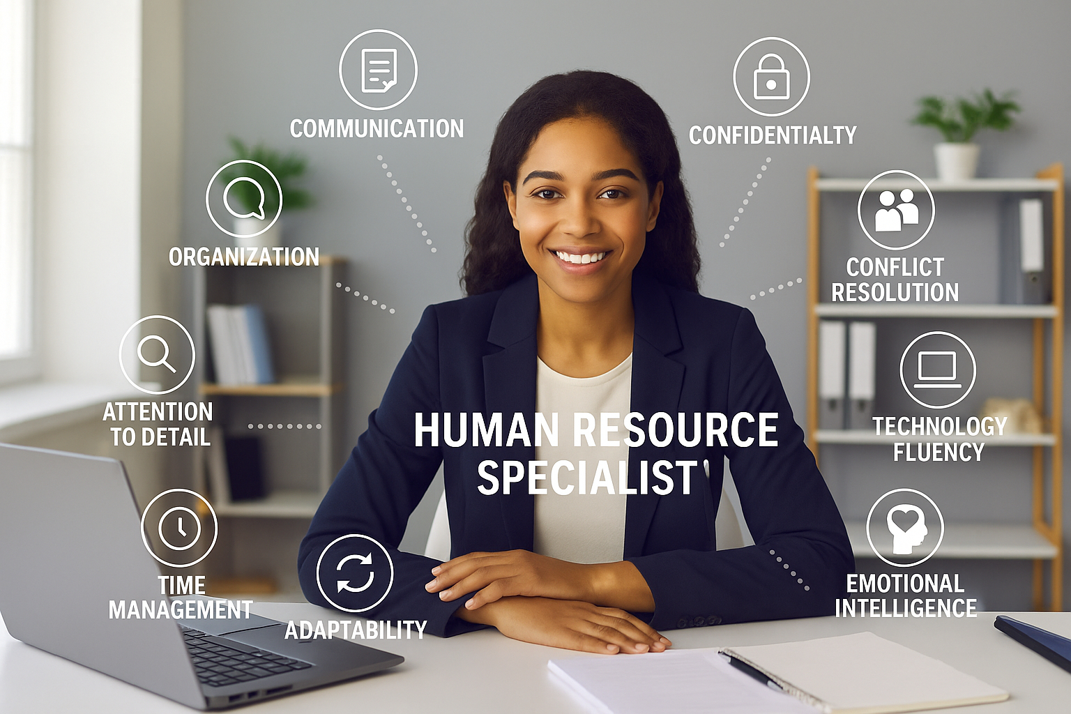 A professional HR Specialist working at her desk in a modern office. Graphic overlay displays icons representing key HR skills such as communication, organization, and emotional intelligence.