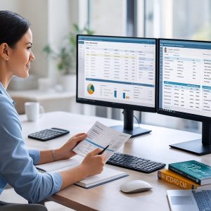 Healthcare professional in business casual attire working at dual computer monitors displaying medical coding software and billing systems, with organized workspace including medical coding reference books, representing remote medical billing career opportunities