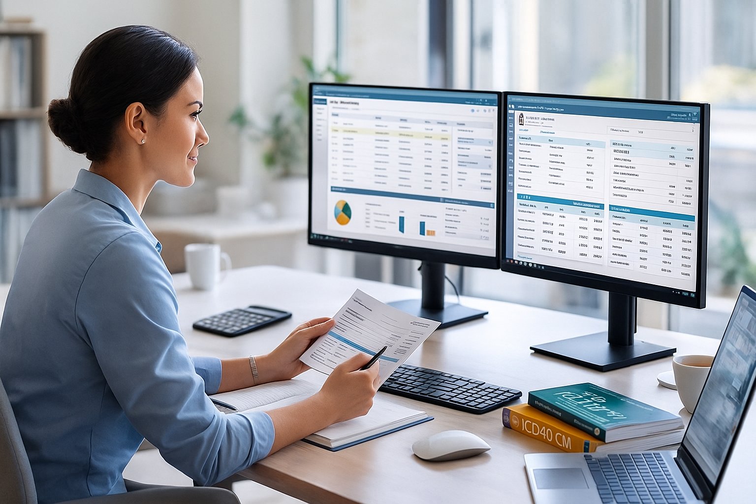 Healthcare professional in business casual attire working at dual computer monitors displaying medical coding software and billing systems, with organized workspace including medical coding reference books, representing remote medical billing career opportunities