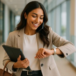 A smiling personal assistant in a beige blazer checks her watch while talking on the phone and carrying a tablet, capturing a fast-paced moment in a day in the life of a personal assistant.