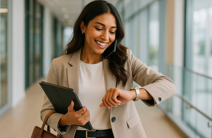 A smiling personal assistant in a beige blazer checks her watch while talking on the phone and carrying a tablet, capturing a fast-paced moment in a day in the life of a personal assistant.