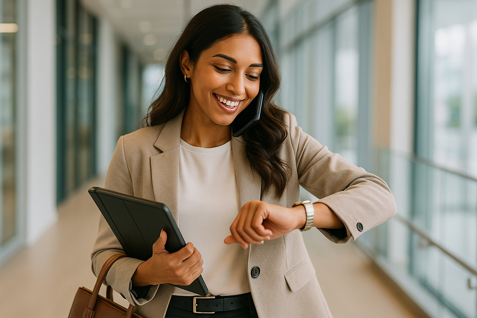 A smiling personal assistant in a beige blazer checks her watch while talking on the phone and carrying a tablet, capturing a fast-paced moment in a day in the life of a personal assistant.
