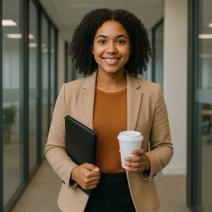 A smiling personal assistant in a beige blazer stands in a bright modern office hallway, holding a coffee cup and a black portfolio, facing the camera with confidence.