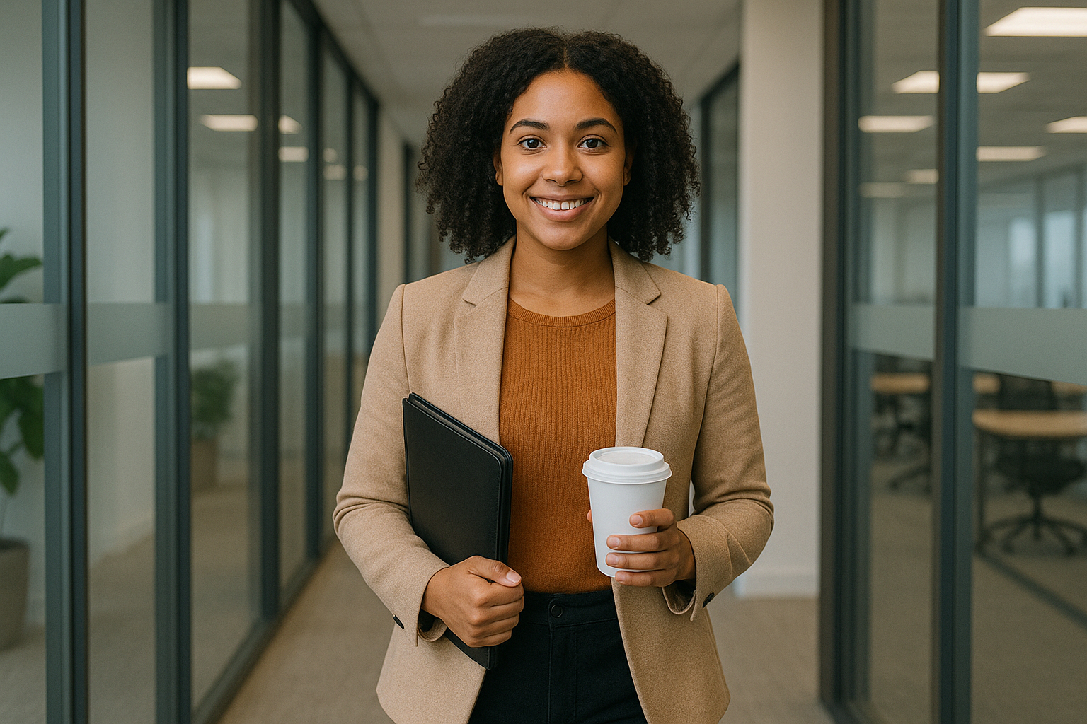A smiling personal assistant in a beige blazer stands in a bright modern office hallway, holding a coffee cup and a black portfolio, facing the camera with confidence.