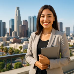A confident personal assistant in a gray blazer smiles while standing on a balcony overlooking the Los Angeles skyline, holding a tablet against a bright urban backdrop.