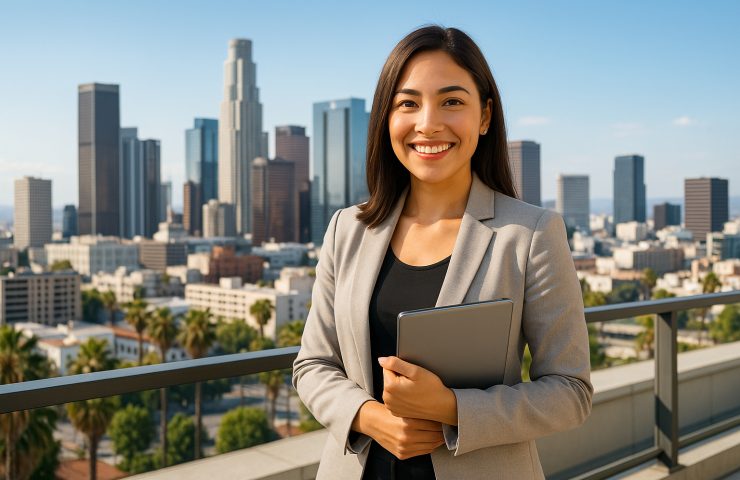 A confident personal assistant in a gray blazer smiles while standing on a balcony overlooking the Los Angeles skyline, holding a tablet against a bright urban backdrop.