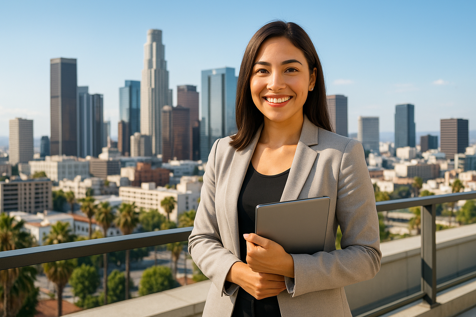 A confident personal assistant in a gray blazer smiles while standing on a balcony overlooking the Los Angeles skyline, holding a tablet against a bright urban backdrop.
