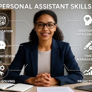 A smiling personal assistant sits at a desk in a modern office, surrounded by labeled skill icons representing communication, organization, problem-solving, time management, proactivity, and emotional intelligence.