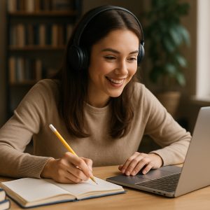 A smiling student in a cozy home study space wears headphones while writing in a notebook, engaged in virtual learning on her laptop during an online class session.