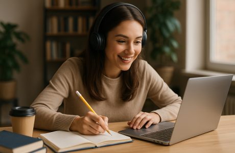 A smiling student in a cozy home study space wears headphones while writing in a notebook, engaged in virtual learning on her laptop during an online class session.