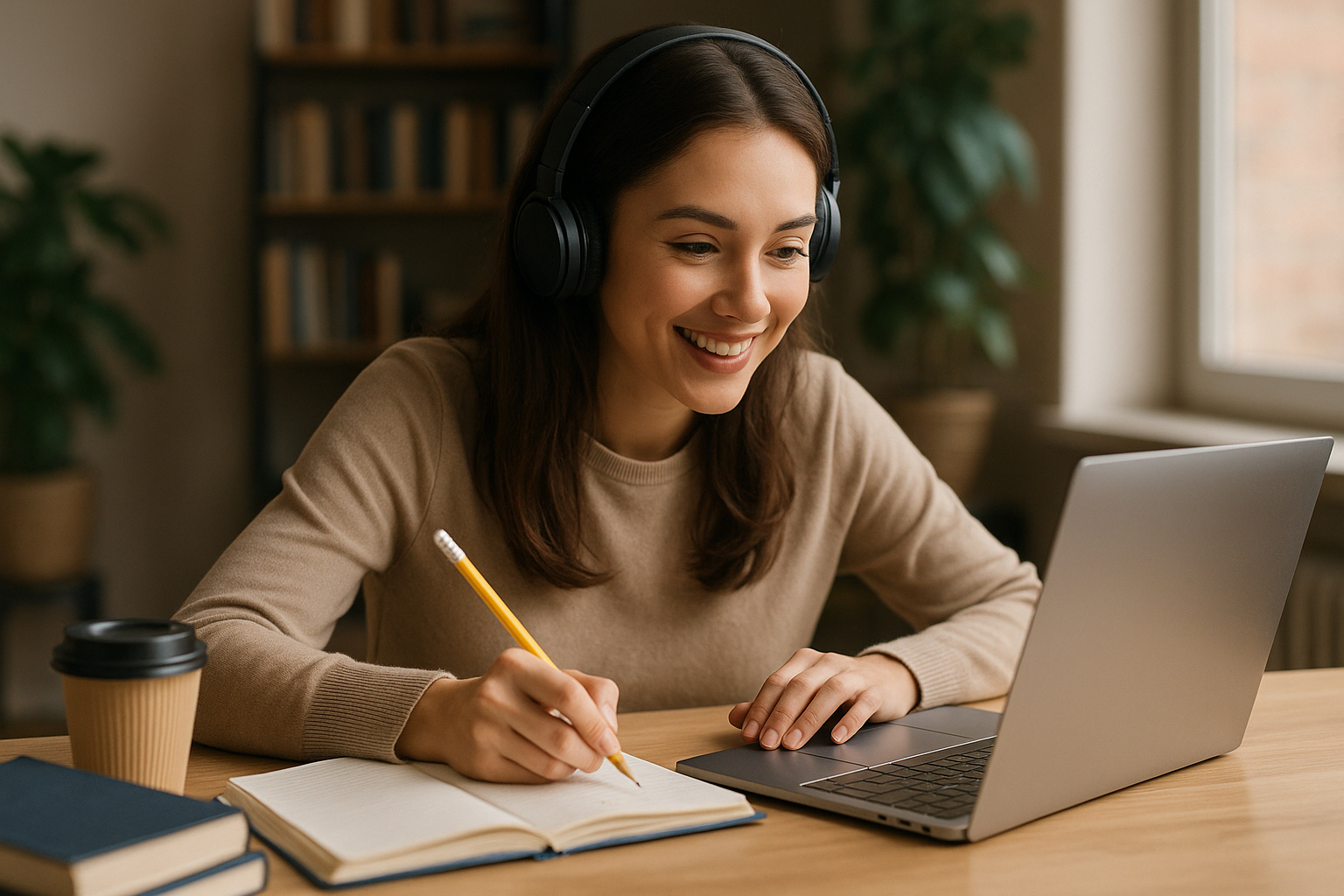 A smiling student in a cozy home study space wears headphones while writing in a notebook, engaged in virtual learning on her laptop during an online class session.
