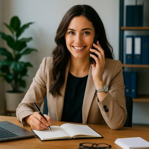 Smiling personal assistant in a tan blazer sits at a modern office desk, talking on the phone while writing in a notebook, with a laptop, notepad, and office supplies nearby.