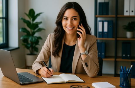 Smiling personal assistant in a tan blazer sits at a modern office desk, talking on the phone while writing in a notebook, with a laptop, notepad, and office supplies nearby.
