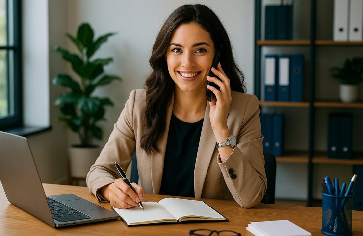 Smiling personal assistant in a tan blazer sits at a modern office desk, talking on the phone while writing in a notebook, with a laptop, notepad, and office supplies nearby.