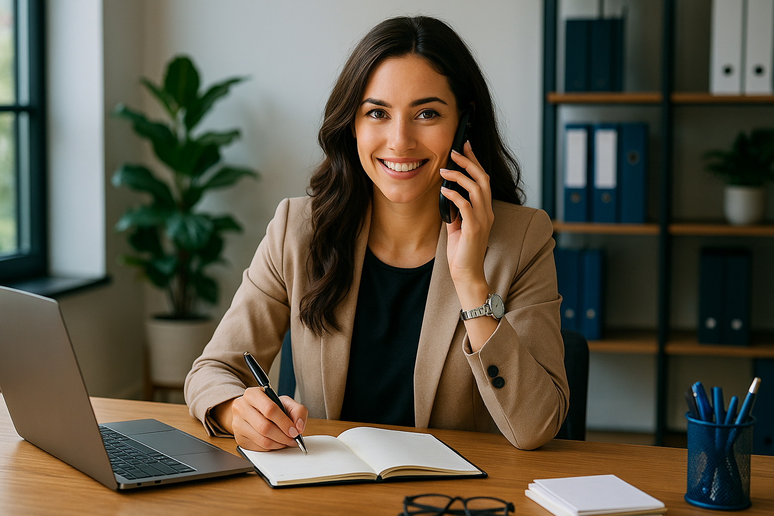 Smiling personal assistant in a tan blazer sits at a modern office desk, talking on the phone while writing in a notebook, with a laptop, notepad, and office supplies nearby.