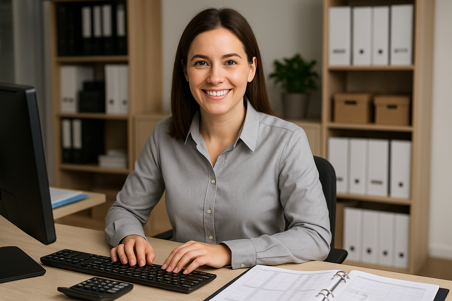 Smiling professional woman in a light blue shirt sitting at a desk with a calculator, documents, and a laptop, facing the camera in a bright, organized office with shelving and a large window in the background.