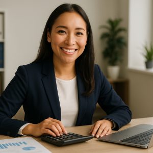 Smiling professional Asian woman in business casual attire working at a desk with a calculator, financial documents, and a laptop in a bright modern office with natural light and organized shelving in the background.