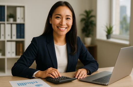 Smiling professional Asian woman in business casual attire working at a desk with a calculator, financial documents, and a laptop in a bright modern office with natural light and organized shelving in the background.