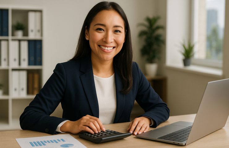Smiling professional Asian woman in business casual attire working at a desk with a calculator, financial documents, and a laptop in a bright modern office with natural light and organized shelving in the background.