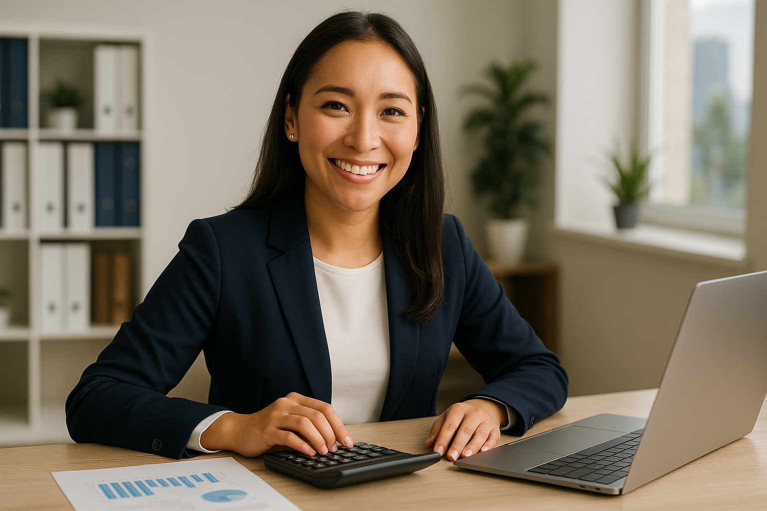 Smiling professional Asian woman in business casual attire working at a desk with a calculator, financial documents, and a laptop in a bright modern office with natural light and organized shelving in the background.