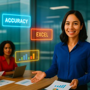 A professional Asian woman in a royal blue blouse stands confidently in a modern glass-walled office, smiling at the camera while holding a financial report with colorful charts. Behind her, neon-style digital overlays display the words “ACCURACY” and “EXCEL” alongside a vibrant bar chart. Seated colleagues are partially visible, emphasizing a collaborative and high-tech business environment.