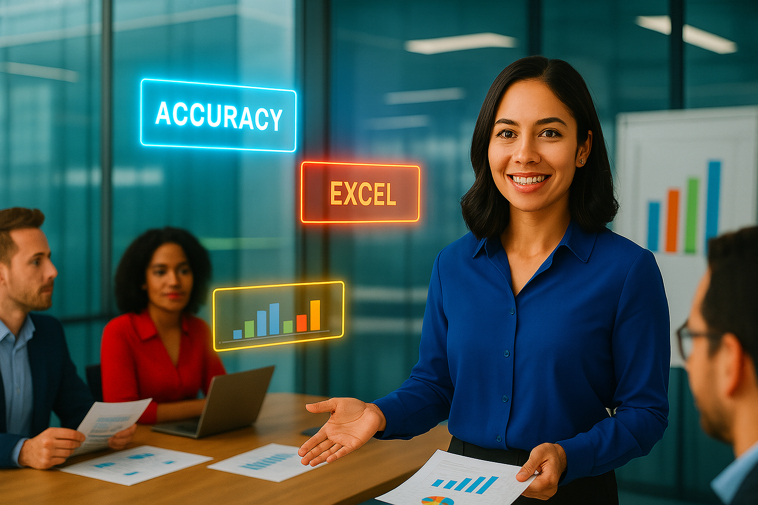 A professional Asian woman in a royal blue blouse stands confidently in a modern glass-walled office, smiling at the camera while holding a financial report with colorful charts. Behind her, neon-style digital overlays display the words “ACCURACY” and “EXCEL” alongside a vibrant bar chart. Seated colleagues are partially visible, emphasizing a collaborative and high-tech business environment.