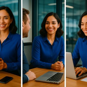 Triptych image of a professional woman in a blue blouse working in a modern office. Left panel: she smiles at the camera while holding an orange coffee mug. Center panel: she has a friendly conversation with a male colleague across a desk. Right panel: she types on a laptop, smiling while reviewing a bar chart beside her. All panels feature soft natural lighting and glass-walled office surroundings.