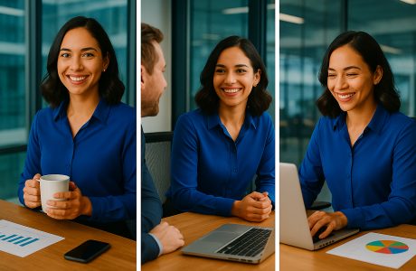 Triptych image of a professional woman in a blue blouse working in a modern office. Left panel: she smiles at the camera while holding an orange coffee mug. Center panel: she has a friendly conversation with a male colleague across a desk. Right panel: she types on a laptop, smiling while reviewing a bar chart beside her. All panels feature soft natural lighting and glass-walled office surroundings.