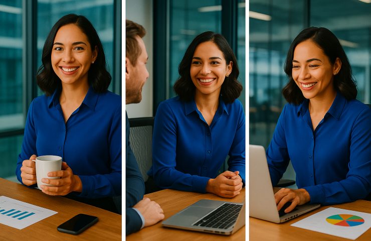 Triptych image of a professional woman in a blue blouse working in a modern office. Left panel: she smiles at the camera while holding an orange coffee mug. Center panel: she has a friendly conversation with a male colleague across a desk. Right panel: she types on a laptop, smiling while reviewing a bar chart beside her. All panels feature soft natural lighting and glass-walled office surroundings.