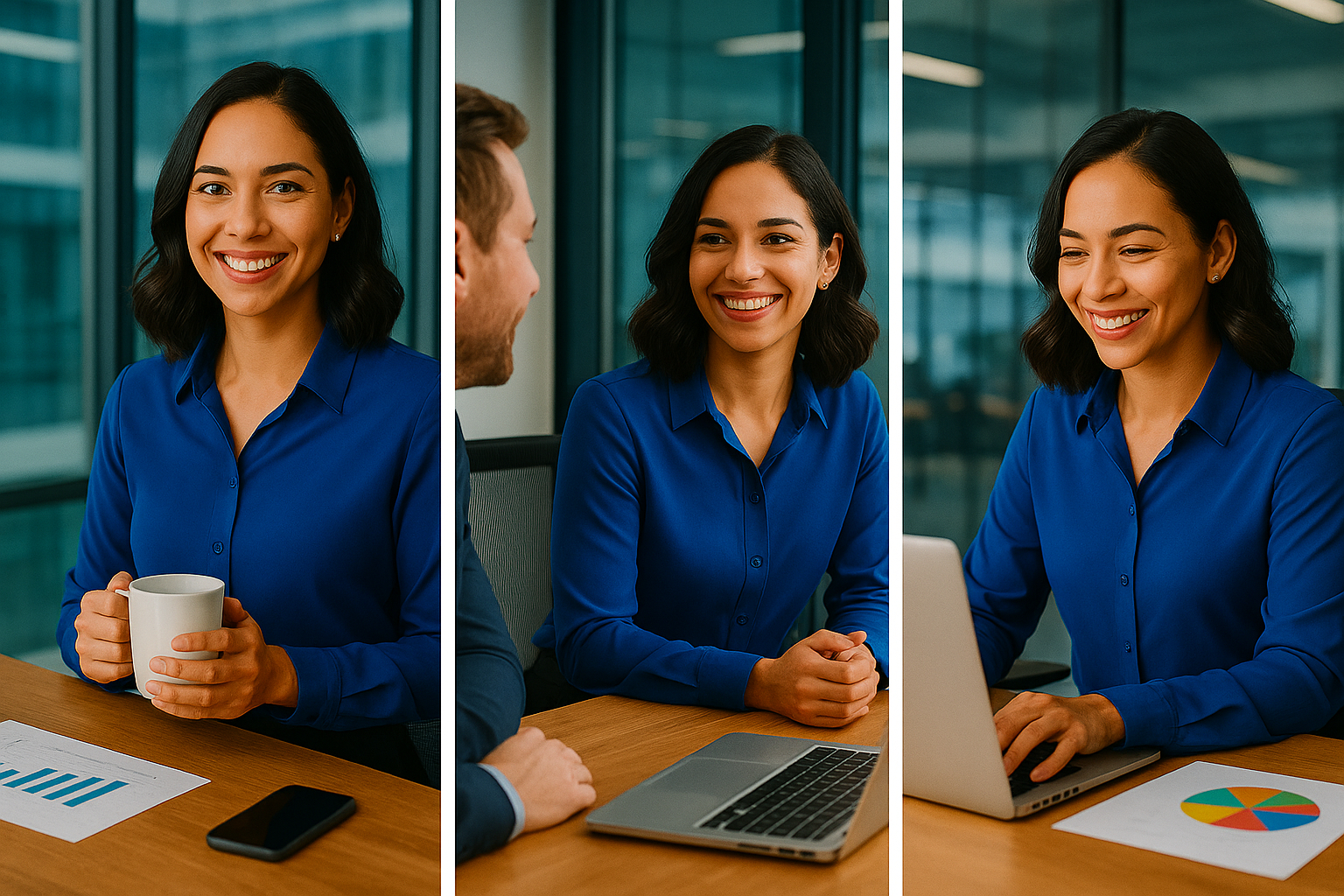 Triptych image of a professional woman in a blue blouse working in a modern office. Left panel: she smiles at the camera while holding an orange coffee mug. Center panel: she has a friendly conversation with a male colleague across a desk. Right panel: she types on a laptop, smiling while reviewing a bar chart beside her. All panels feature soft natural lighting and glass-walled office surroundings.