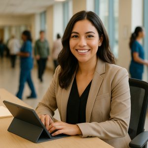 A confident young woman in business-casual attire sits at the front desk of a California outpatient clinic, smiling warmly while using a tablet with scheduling software. She is surrounded by natural light, with healthcare staff and patients in motion blur behind her, suggesting a fast-paced and professional clinical environment.