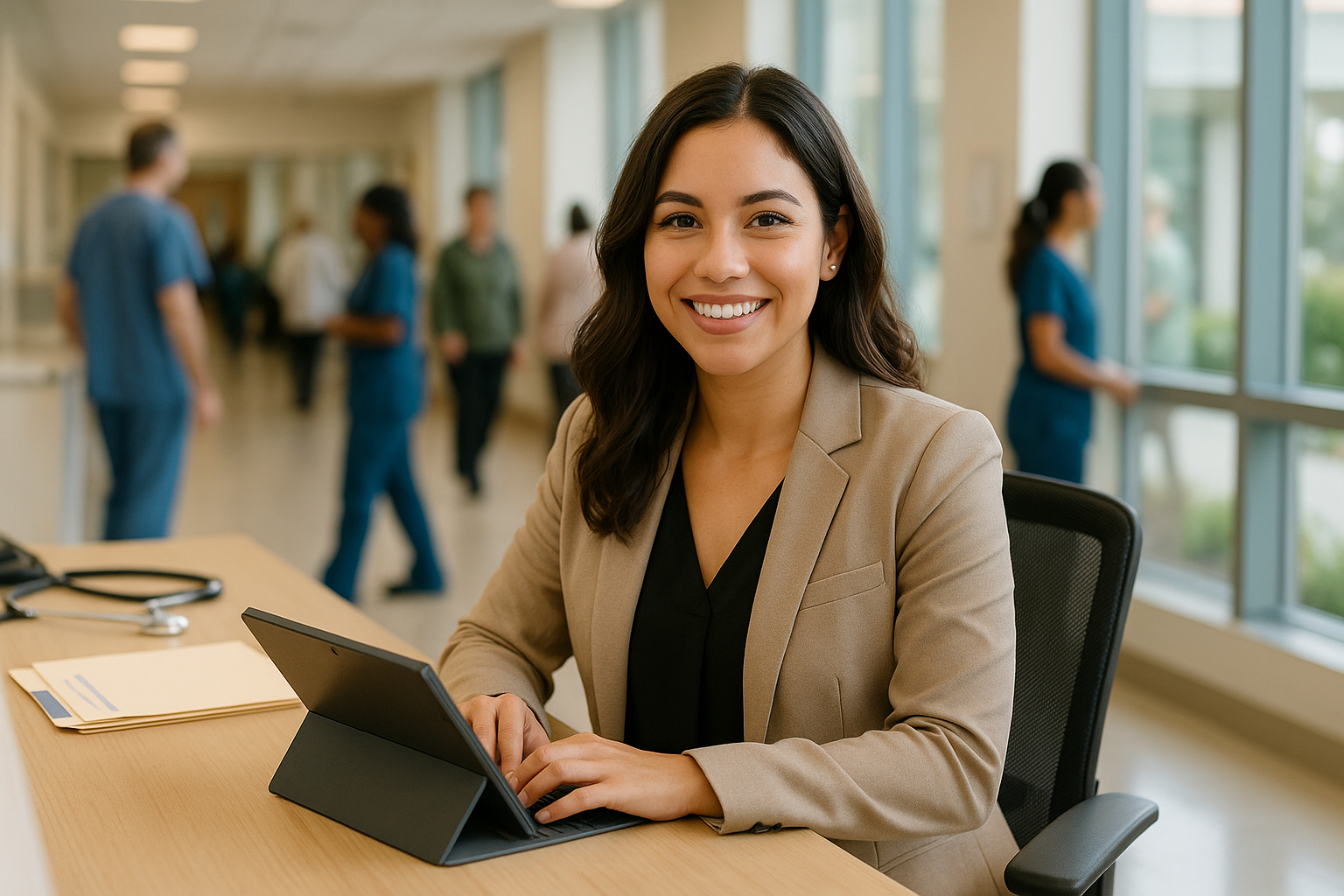 A confident young woman in business-casual attire sits at the front desk of a California outpatient clinic, smiling warmly while using a tablet with scheduling software. She is surrounded by natural light, with healthcare staff and patients in motion blur behind her, suggesting a fast-paced and professional clinical environment.