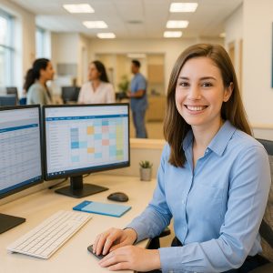 A young woman in a white blouse smiles at the camera while working at her dual-monitor healthcare workstation in a bright, open-plan office. The screens display electronic health records and scheduling software. Around her, other staff members are engaged in conversations or working at their desks, with natural light streaming through large windows and a compliance poster visible on the wall.