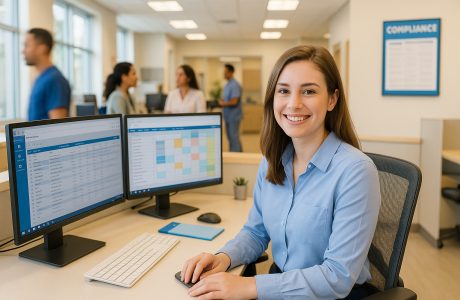 A young woman in a white blouse smiles at the camera while working at her dual-monitor healthcare workstation in a bright, open-plan office. The screens display electronic health records and scheduling software. Around her, other staff members are engaged in conversations or working at their desks, with natural light streaming through large windows and a compliance poster visible on the wall.