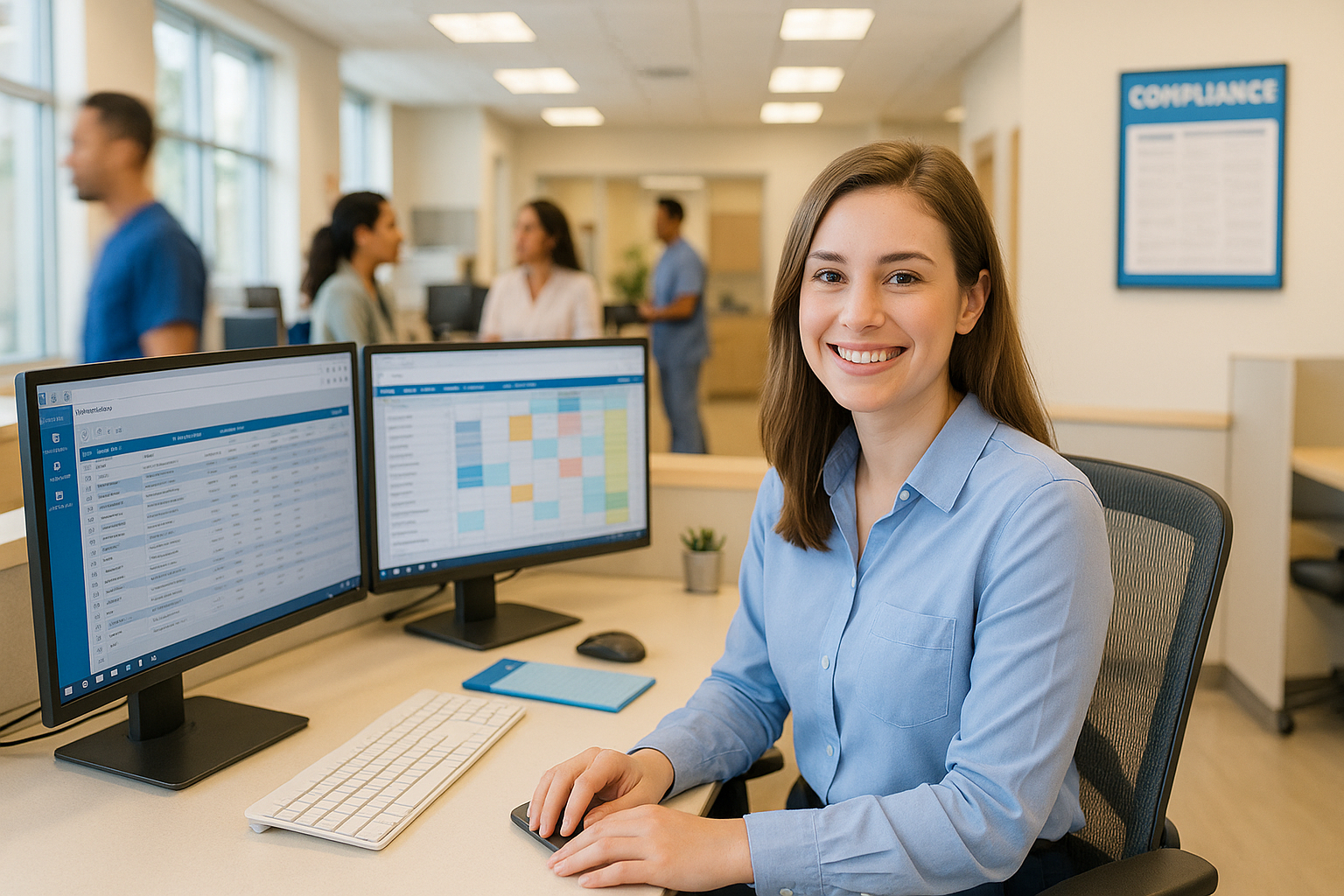 A young woman in a white blouse smiles at the camera while working at her dual-monitor healthcare workstation in a bright, open-plan office. The screens display electronic health records and scheduling software. Around her, other staff members are engaged in conversations or working at their desks, with natural light streaming through large windows and a compliance poster visible on the wall.
