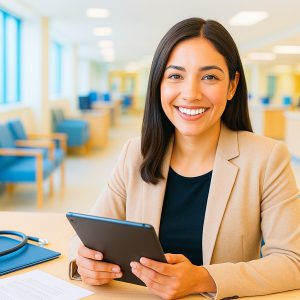 A young Latina woman in a beige blazer smiles confidently while seated at a bright, modern healthcare office desk. She holds a tablet, with a stethoscope and paperwork neatly arranged beside her. The background features large windows, blue chairs, and a cheerful yellow interior, creating an inviting and professional atmosphere.