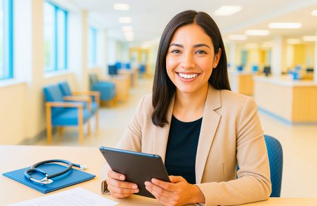 A young Latina woman in a beige blazer smiles confidently while seated at a bright, modern healthcare office desk. She holds a tablet, with a stethoscope and paperwork neatly arranged beside her. The background features large windows, blue chairs, and a cheerful yellow interior, creating an inviting and professional atmosphere.